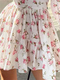 Llyge Elegant Women Floral Print Short Mini Dress Long Lantern Sleeve Deep V Neck High Waist A-Line Dresses Female Vestidos 2024