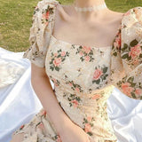 Llyge Side High Slit Bubble Sleeve Floral Dress For Women'S French Tea Break Medium Length Square Neck Slim Fit Dress Party Gift