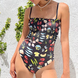 Llyge Women's Y2K Romper Swimsuit Tight Fitted Square Neck Sleeveless Shirred Seashell Shrimp Print Monokini Beach Swimwear