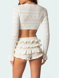 Llyge Women Knitted 2 Piece Short Set Chic Solid Color Crew Neck Long Sleeve Knit Crop Tops Ruffles Tiered Shorts Autumn Outfit Trendy