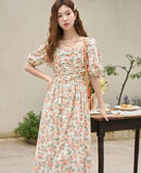 Llyge Floral Dress 2024 Summer French 100 Cotton A-LINE Puff Sleeve Slash Neck Square Neck Folds Waist Long Dresses