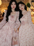 Llyge 2024 Spring Pink Floral Elegant Dress Women Bandage Lace Print Sweet Vintage Dress Puff Sleeve Kawaii Dress Women Princess Fairy