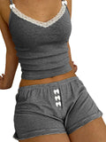 Llyge Women Striped Pajama Set Lace Trim V-neck Sleeveless Slim Camisole with Bow Shorts Comfy Cozy Sleepwear Loungewear for Female