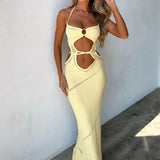 Llyge Women's Sleeveless Knit Long Dress Summer Spring Solid Color Halter Front Cutout Back Tie-Up Slim Maxi Dress Party