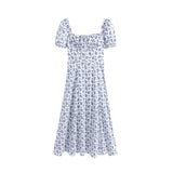 Llyge Suninheart Summer Square Neck Long Dresses Elegant Floral Printing Casual Puff Sleeve Holiday Dress Maxi Women Clothing