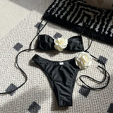 Llyge Women's Y2K 2 Pieces Bikini Swimsuits Flower Embellished Back Tie-Up Padded Bra Thong Bottoms Beach Bathing Suit Set