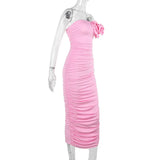 Llyge 3D Flower Strapless Maxi Dress For Women Sleeveless Pink Ruched Dress 2024 New Fashion Elegant Party Evening Slim Vestidos