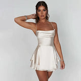 Llyge Spaghetti Strap White Satin Mini Dress Criss Cross Backless A-Line Short Prom Party Dress Chic And Elegant Woman Summer Dress
