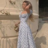 Llyge Suninheart Summer Square Neck Long Dresses Elegant Floral Printing Casual Puff Sleeve Holiday Dress Maxi Women Clothing