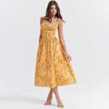 Llyge Summer Dress 2024 New Arrivals Casual Yellow Floral Print Dress Elegant Lace Up Party Dresses Sexy Women's Clothing