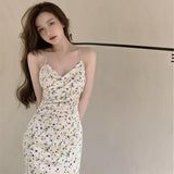 Llyge Sleeveless Dresses Women Sweet Floral Spaghetti Straps Lady Sundress High-waist Elegant Holiday Party Sexy French Summer Trendy