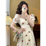 Llyge Square Collar Sweet Cherry Embroidery Puff Short Sleeve Party Dress 2024 Summer Women Elegant Princess A-line Dress