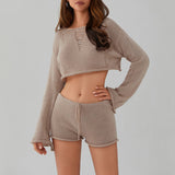 Llyge Women Boho Knit Summer Swimsuit Cover-Up Outfits See-through Ripped Long Sleeve Crop Pullovers+Drawstring Shorts Set