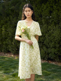 Llyge Lace V-Neck Women Summer Green Floral Polyester Long Dress Flying Sleeve High Waist Sweet Female A-LINE Skirts 24DS82440