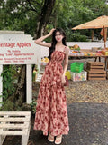 Llyge Summer New Sweet Elegant Halter Dress Slash Neck Floral High Waist Pleats Long Dress Patchwork Holiday Style Boho Dress