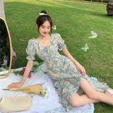 Llyge Dress Women Fashion Summer Floral Flare Sleeve  Slit Long Casual