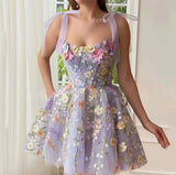 Llyge Women's Sleeveless Mini Dress 2024 New Summer Elegant and Sweet 3D Flower Embroidery Sexy Sling Dress Square Necked Short Dress