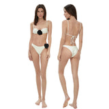 Llyge Women's Y2K 2 Pieces Bikini Swimsuits Flower Embellished Back Tie-Up Padded Bra Thong Bottoms Beach Bathing Suit Set