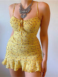 Llyge Sexy Dress For Women Spaghetti Strap Sleeveless Fashion Floral Print Bodycon Mini Dresses Summer Ruffles Beach Sundress Robe