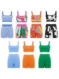 Llyge Women's 2 Pieces Knitting Short Sets Outfit Strap Sleeveless Printed Knitted Crop Tank Tops + Elastic Shorts Casual Suit Y2K