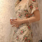 Llyge Side High Slit Bubble Sleeve Floral Dress For Women'S French Tea Break Medium Length Square Neck Slim Fit Dress Party Gift