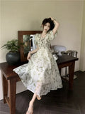 Llyge Deeptown Korean Style Long Cottagecore Dress Women Fairycore Floral Prom Gown Y2k Elegant Puff Sleeve Tunic Graduation Dresses