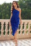 LLYGE Sequin Asymmetrical Fringe Hem One-Shoulder Dress