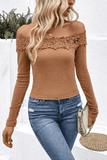 LLYGE 2023 Autumn New Fall Outfits Off-Shoulder Lace Trim Ribbed Tee