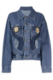 Llyge Blue Casual Color Lump Solid Hollowed Out Buttons Metal Accessories Decoration Turndown Collar Long Sleeve Regular Denim Jacket
