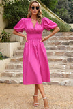 LLYGE Barbie Dream Fall Outfits Puff Sleeve Smocked Waist Midi Dress