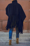 Llyge Black Fashion Vintage Solid Tassel Turtleneck Plus Size Overcoat
