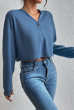 LLYGE 2023 Autumn New Fall Outfits Cropped V-Neck Raglan Sleeve Buttoned Blouse
