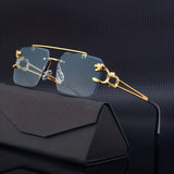 Llyge - 1pc Men's Trendy Square Rimless Sunglasses. Super Cool Gold Tiger Head Decoration Sunglasses Men's Driving Sunshade Anti-glare Glasses