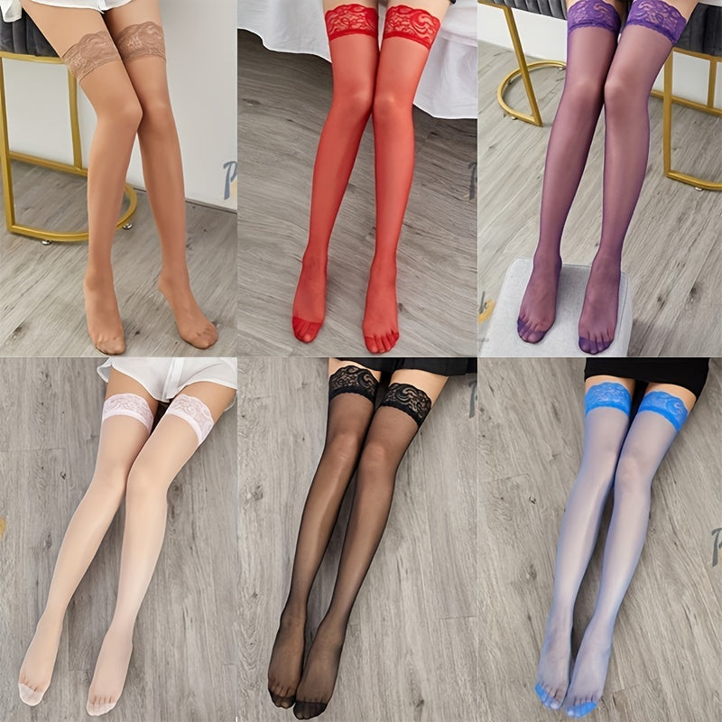Llyge - 6 Pairs Lace Thigh High Stockings, Floral Lace Trim Mesh Over The Knee Socks, Women's Stockings & Hosiery