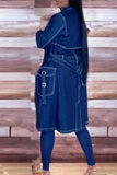 Llyge Deep Blue Elegant Solid Patchwork Pocket Frenulum Buckle Cardigan Collar Long Sleeve Mid Waist Straight Denim Jacket