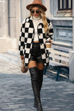 LLYGE Early Autumn New Plaid Buttoned Collared Neck Faux Fur Outwear