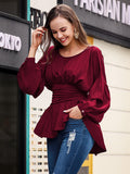LLYGE Early Autumn New Exposed Seams Round Neck Dropped Shoulder Blouse