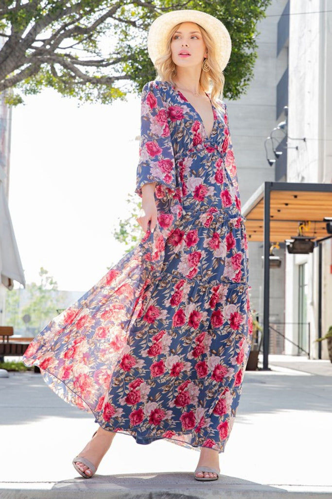 LLYGE  Floral Frill Trill Deep V Maxi Dress