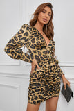 LLYGE Leopard Deep V Ruched Bodycon Dress