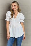 LLYGE  Full Size V-Neck Puff Sleeve Button Down Top