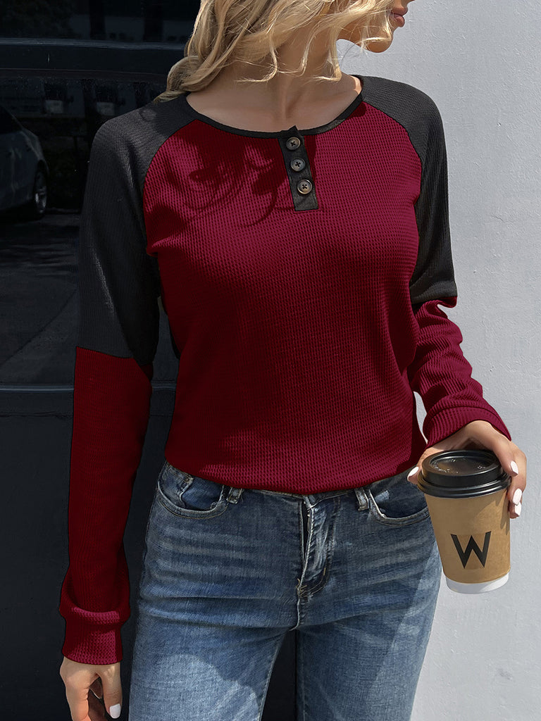 LLYGE 2023 Autumn New Fall Outfits Contrast Buttoned Round Neck Raglan Sleeve Top