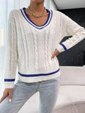 LLYGE 2023 Autumn New Fall Outfits Contrast V-Neck Cable-Knit Sweater