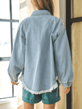 LLYGE Fall Outfits Collared Neck Raw Hem Dropped Shoulder Denim Jacket