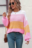 LLYGE Early Autumn New Round Neck Color Block Ribbed Pullover Sweater
