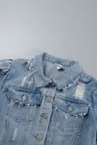 Llyge Light Blue Casual Solid Patchwork Turndown Collar Short Sleeve Regular Denim Jacket