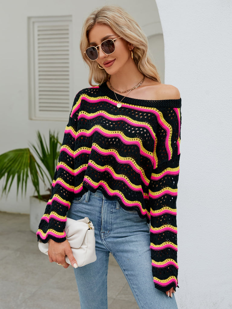 LLYGE Early Autumn New Round Neck Openwork Flare Sleeve Knit Top