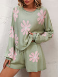 LLYGE Early Autumn New Floral Print Raglan Sleeve Knit Top and Tie Front Sweater Shorts Set