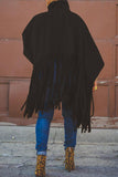 Llyge Black Fashion Vintage Solid Tassel Turtleneck Plus Size Overcoat