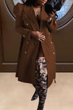 Llyge - Coffee Casual Solid With Belt Turndown Collar Outerwear
