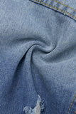 Llyge Blue Casual Solid Ripped Buckle Turndown Collar Long Sleeve Denim Jacket